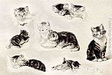 Cats Canvas Paintings - A Study Of Cats Drinking, Sleeping And Playing